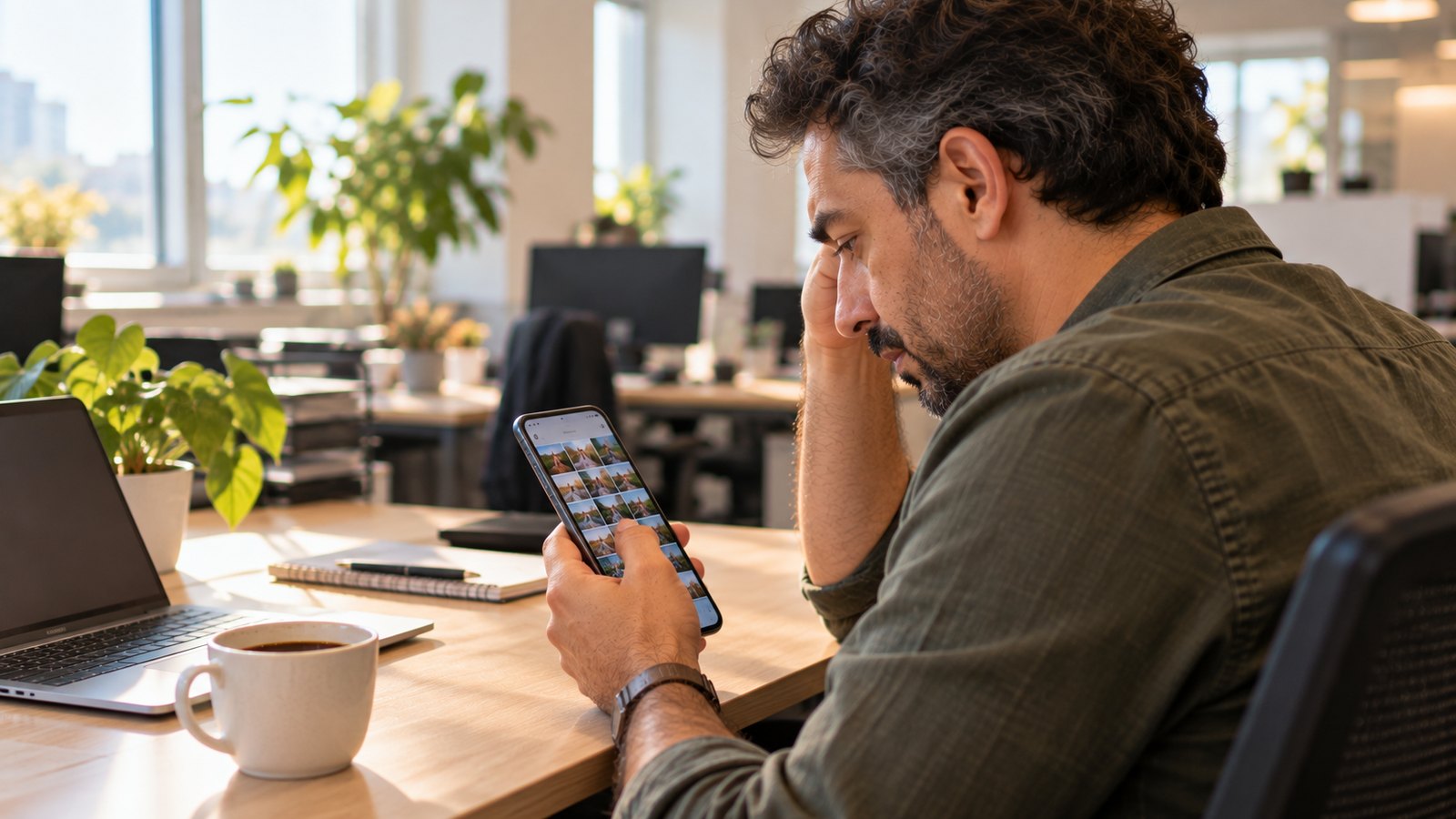 Mann im Büro sitzt am Schreibtisch und blickt müde auf die Fotogalerie in seinem Smartphone