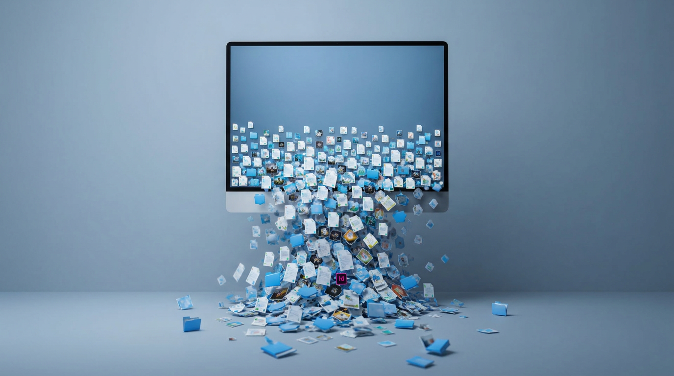 Überfüllter Computer-Desktop mit vielen Dateien und Symbolen