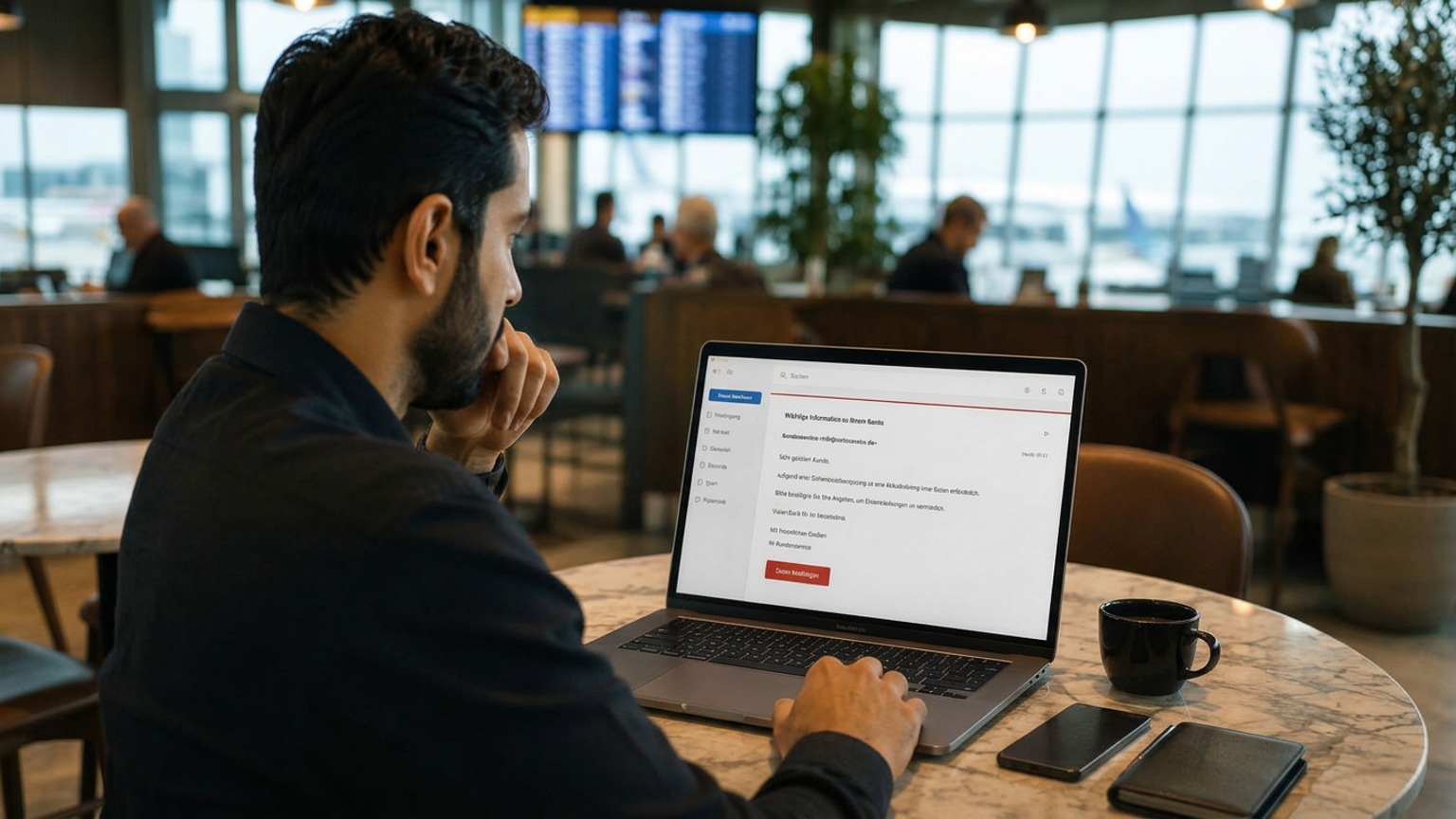 Mann prüft eine dringende Nachricht auf seinem Laptop