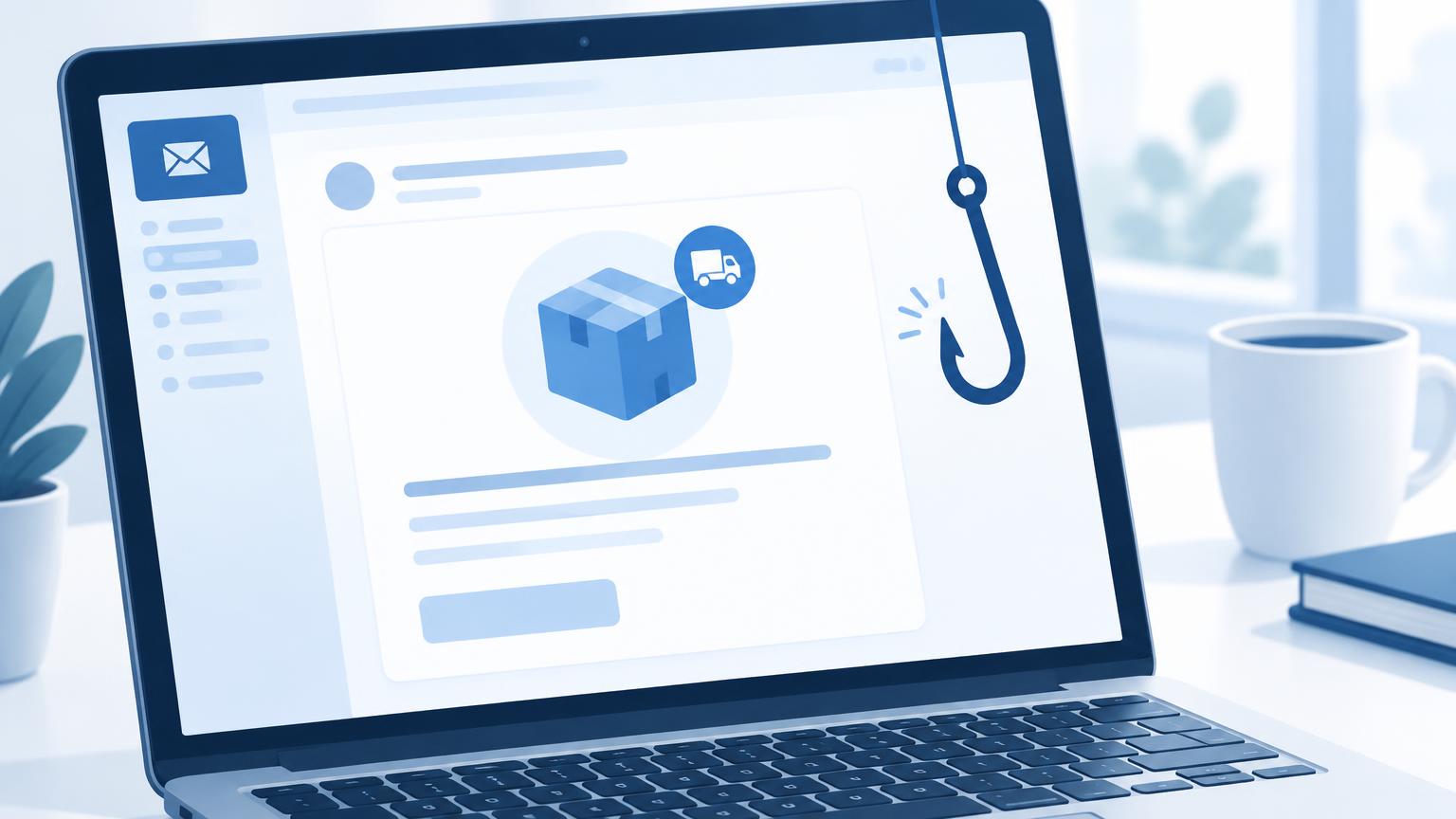 Laptop mit harmlos wirkender Paket-E-Mail und einem Angelhaken als Hinweis auf Betrug