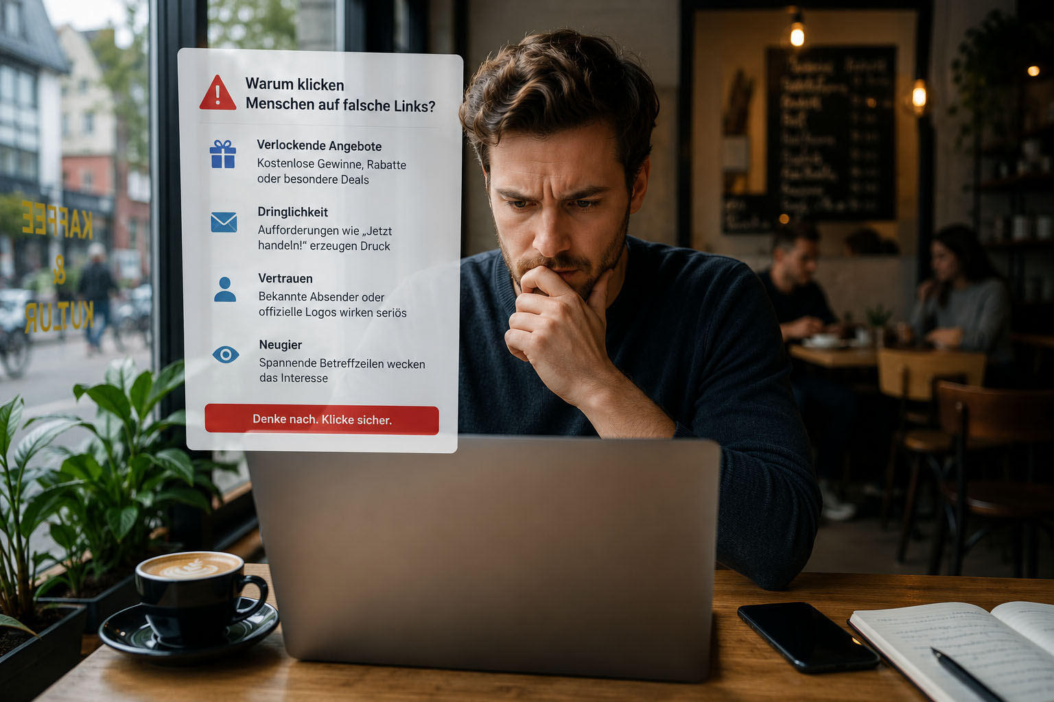 Person am Laptop klickt auf einen Link in einer vermeintlichen Bank-Nachricht