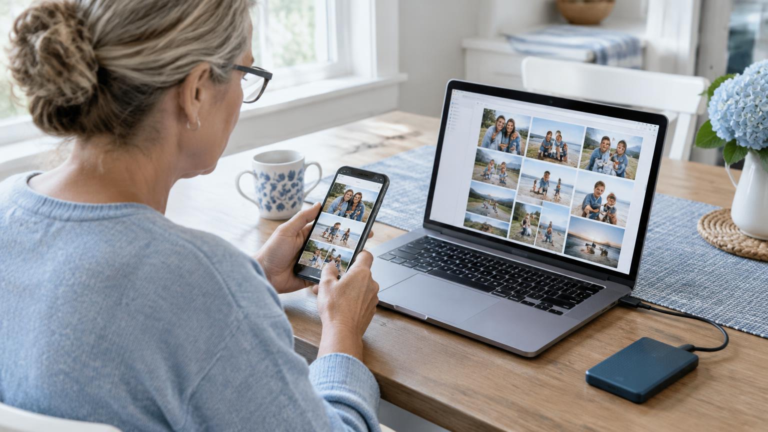 Frau überprüft Familienfotos auf Smartphone und Laptop neben einem Sicherungslaufwerk