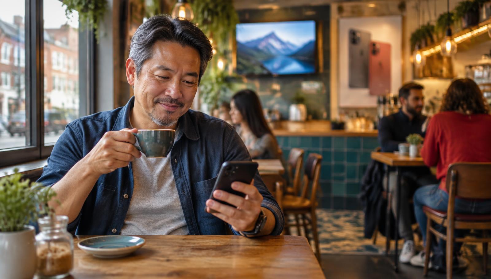 Mann im Café fragt sich nachdenklich, warum KI plötzlich überall ist, während er auf sein Smartphone schaut