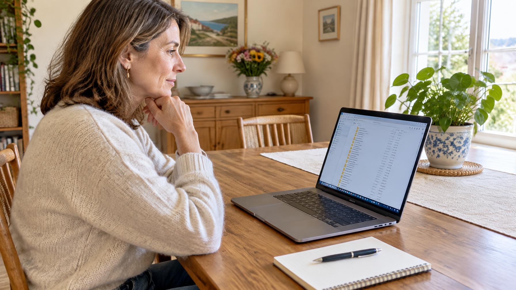 Frau am Esstisch überlegt, welche Ordner sie auf ihrem Laptop wirklich braucht