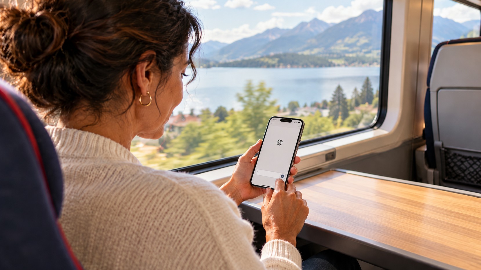 Frau im Zug nutzt ChatGPT auf ihrem Smartphone, draussen See und Berge