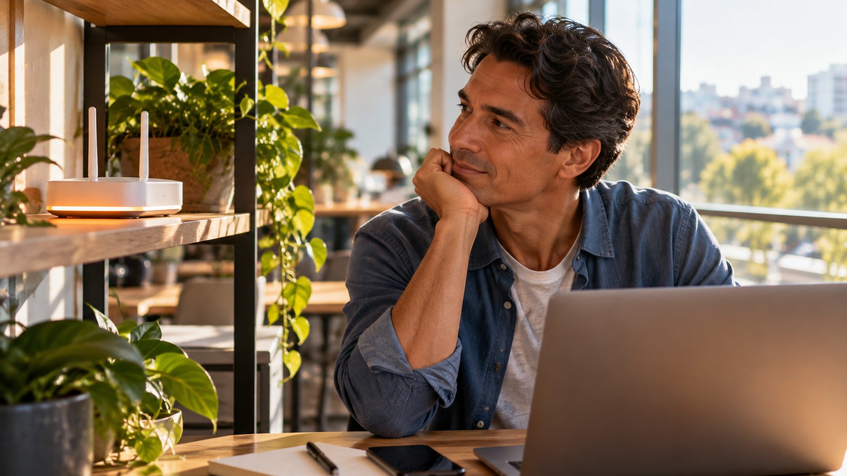 Mann im Coworking-Space betrachtet gelassen einen Router mit orangem Licht