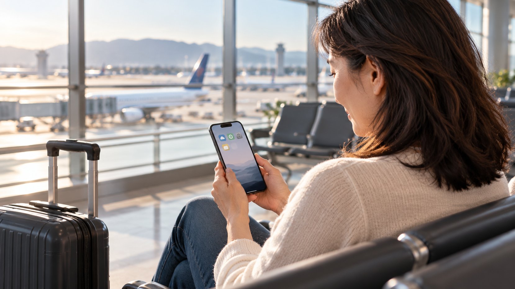 Frau am Flughafen blickt gelassen auf einen aufgeräumten Startbildschirm ihres Smartphones