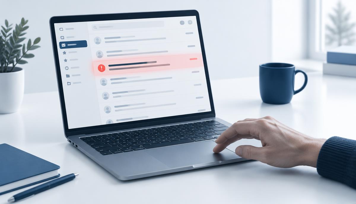 Laptop mit auffälliger E-Mail im Postfach – Phishing-Mails erkennen