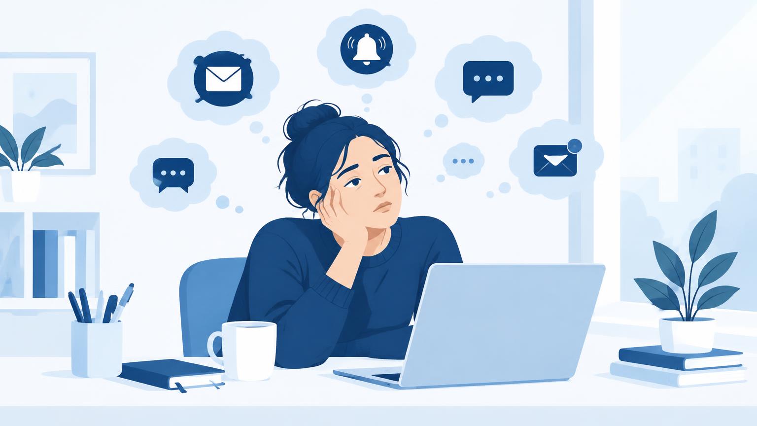Person am Schreibtisch mit Gedankenblasen voller E-Mails und Nachrichten über dem Kopf