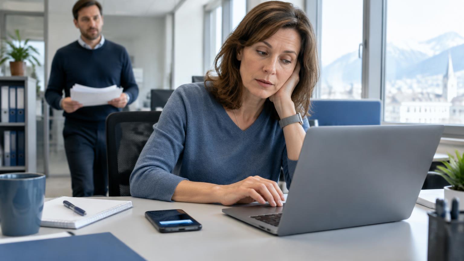 Frau wird bei der Arbeit am Laptop von Nachrichten und einem Kollegen unterbrochen