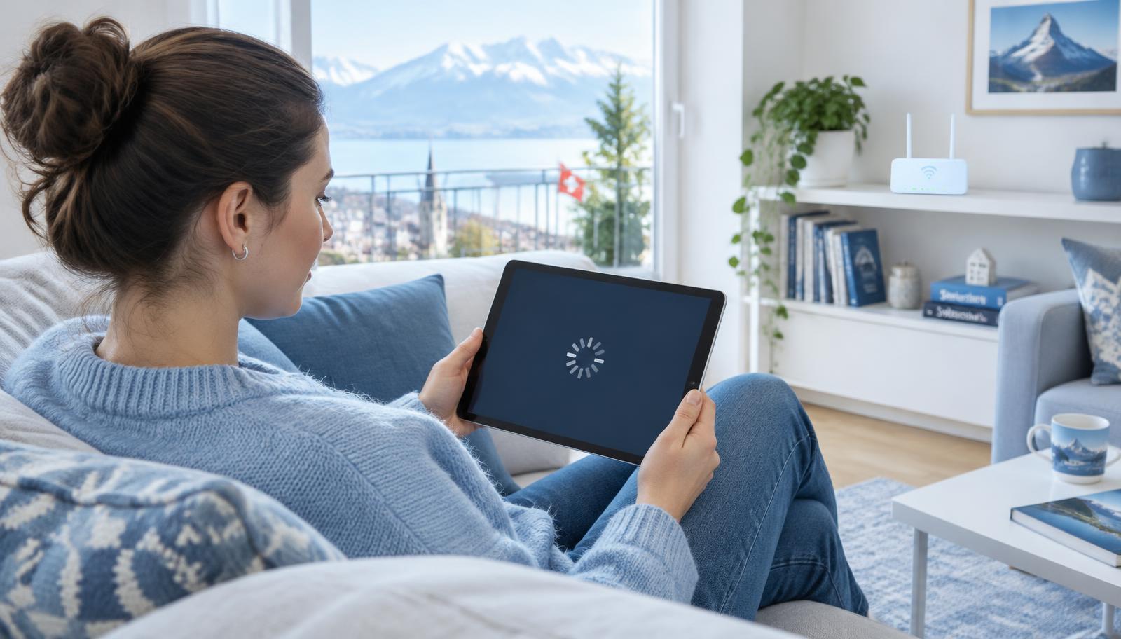 Frau auf dem Sofa mit Tablet, auf dem sich ein Ladekreis dreht, im Hintergrund der WLAN-Router
